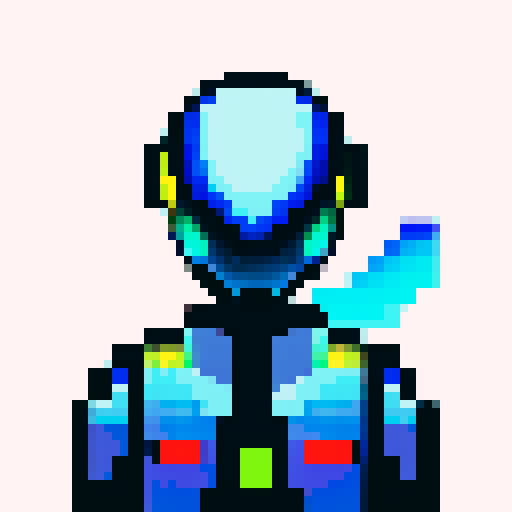 helmet, pixel art, sRGB, vibrant colors, sharp lines, detailed shading, metallic texture, glossy finish, futuristic design, illuminated visor, symmetrical patterns, dynamic angles, contrasting hues, high contrast shadows