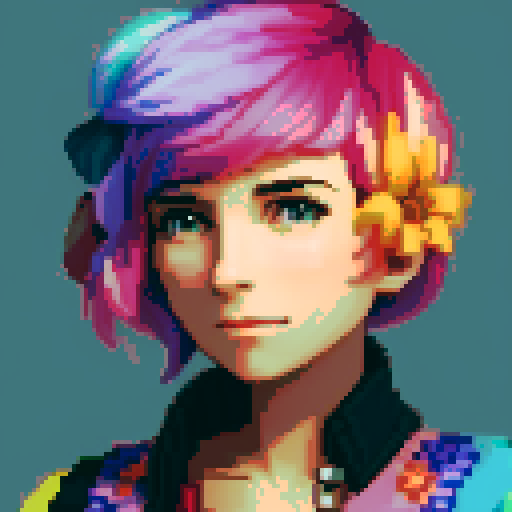stardew valley inspired, female character, vibrant colors, pixelated style, rural farm setting, blooming flowers, vintage clothing