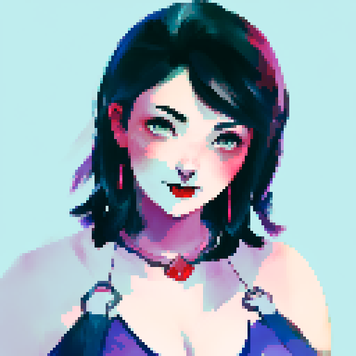 curvy, cute goth girl with black hair, purple eyeshadow, and red lipstick, in a glamour shot, rendered in pixel art with vibrant sRGB colors, landscape portrait, dramatic lighting, wisps of smoke