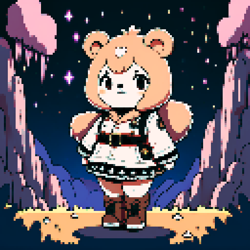 A graphic depiction of a chubby puffy bear in retro 1995 anime style, chibi form, with expressive black eyes and brown fur, styled with long twin pigtails. Wearing magical clothes with intricate belts and patches. Background of a wild magic night with a dark waterfall and bright stars. Created Using: classic anime aesthetics, detailed magical garments, enchanting night setting, vivid portrayal, star reflections, dynamic composition, hd quality --ar 2:3 --v 6.0 niji
