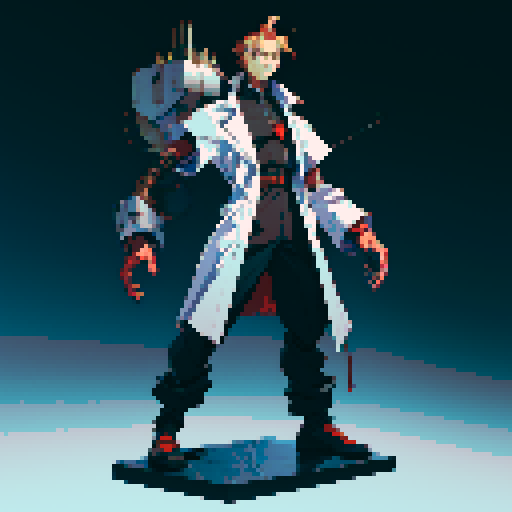 full-body image mad scientist facing left, ready to fight, robot backdrop