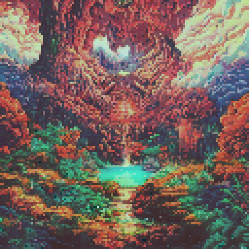 Magic book, glowing, ethereal, floating, open, revealing ancient spells, surrounded by swirling colors, nestled in a lush, enchanted forest, with towering trees and a cascading waterfall, all depicted in vibrant pixel art with a sRGB color palette