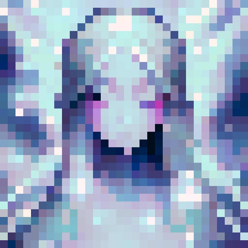 Beautiful ethereal angel with chrome wings, flowing hair, and a serene expression, floating in a dreamlike landscape of pastel clouds and shimmering stars, rendered in pixel art with crisp, defined lines and a vibrant sRGB color palette