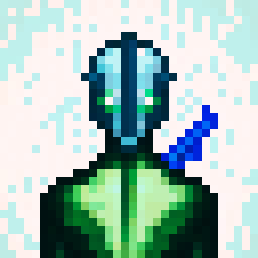 armoured warrior, futuristic pistol, vibrant colors, pixelated details, intense shading, dramatic lighting, heroic pose, fierce expression, metallic texture, intricate patterns