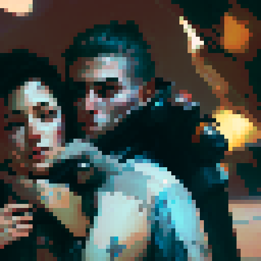 female redhead warrior sad, tall male android comforting her, spaceship background, pixel art, fantasy RPG