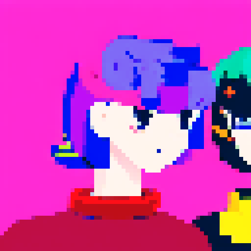 "Pixelated close-up of two chic girls, meticulously arranging a fashion grid filled with bold patterns, vibrant colors, and whimsical accessories reminiscent of Art Deco design, rendered in a vibrant anime style."