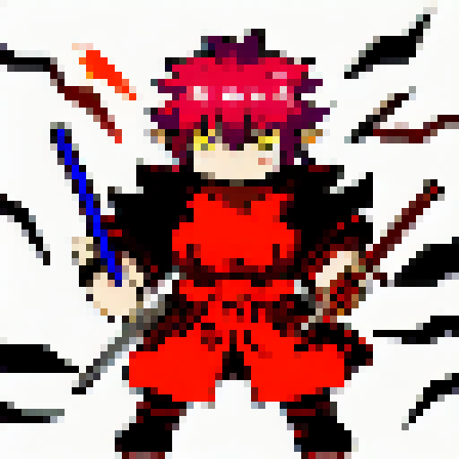 Demon slayer wielding a glowing sword, with fiery eyes and spiky hair, against a dark, pixelated background, in a character portrait close-up rendered in anime style.