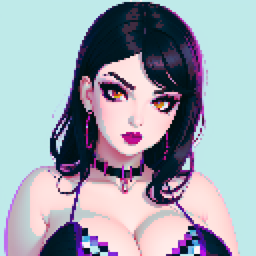 curvy, cute, goth girl,  black hair, purple eyeshadow, red lipstick. wearing bikini. glamour shot.  