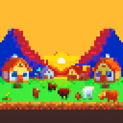 Cute orange sun rising over a pixel art farm in a sRGB style, with monster cows grazing in a big farm surrounded by a town and a cave in the mountains on the Sunshire title screen