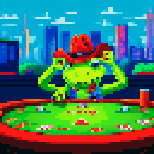 Green fanny frog, wearing a cowboy hat and a sly expression, sits at a poker table smoke weed , with casino in the background, all in a pixelated and vivid sRGB style