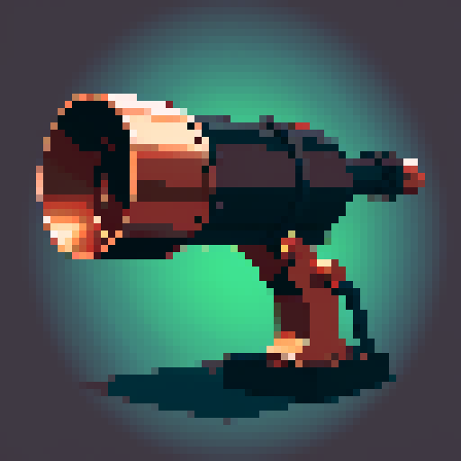 I want a copper minigun seen from a head on perspective. I want this object usable an asset in a videogame, meaning only one object per image, outlined with a strong black stroke, on a solid-color background.