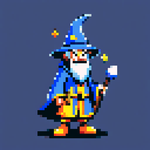 Create a pixel art character of a whimsical wizard
. The wizard should wear a blue robe covered with yellow stars and a matching pointy hat. He should have a playful grin