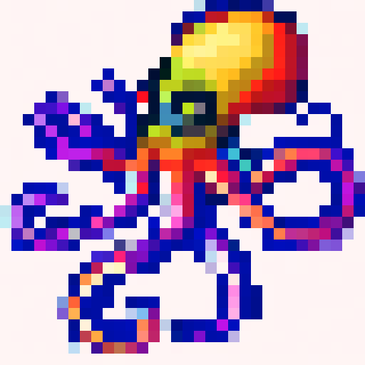 colorful, tentacled kraken, with vibrant hues, in a game icon style, showcasing intricate 32x32 pixel art, utilizing the sRGB color space, skillfully crafted in a close-up portrait format