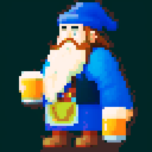 tall bearded man, big nose, wizard costume, frothy beer, pixel art