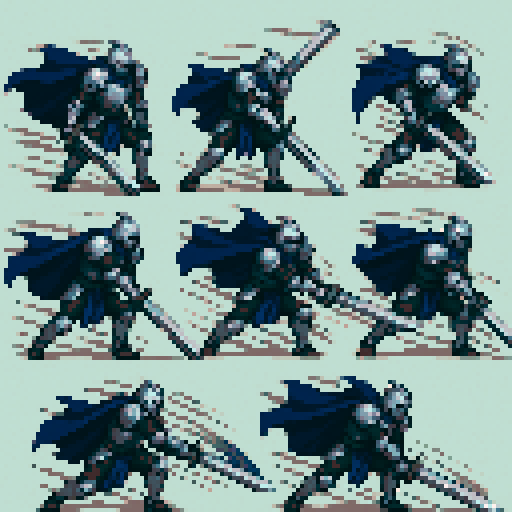 Knight in full silver-gray armor, deep blue cape, swinging large sword, 8 frames: Ready stance, sword tip touching ground, Starting swing, body leaning forward, sword raised back, Full-force slash, body rotating, sword slashing horizontally, Finishing pose, sword chopping lower left corner, pixel art, sRGB, speed line effects, cape fluttering, one knee bent