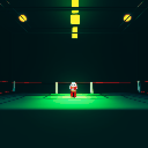 empty boxing ring in a dimly lit environment with a referee standing at  a corner