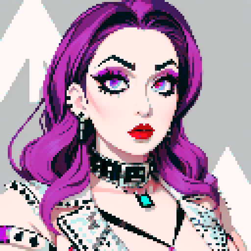 Thicc, busty greaser goth girl, long purple hair, eyeliner, red lipstick, studded collar, up close face portrait, vibrant sega genesis palette, pixel art portrait,edgy aesthetic