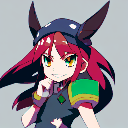 Demon slayer with fiery red hair and piercing green eyes stares fiercely at the viewer in a close-up character portrait, rendered in a vibrant anime style with intricate pixel art details.