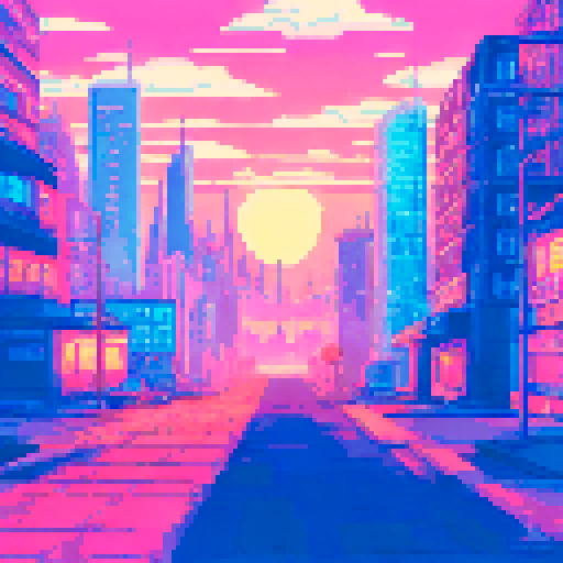 super cute pink aesthetic, sunset in the city, skyscrapers, view from the street looking up, pov perspective