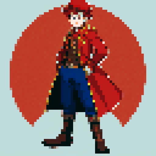 steampunk young man, red coat, red hat, 2D game stance, pixel art, sRGB