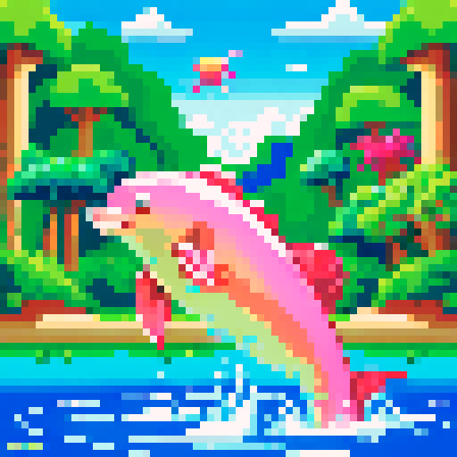 pink dolphin, jumping, river, rainforest, pixel art, sRGB