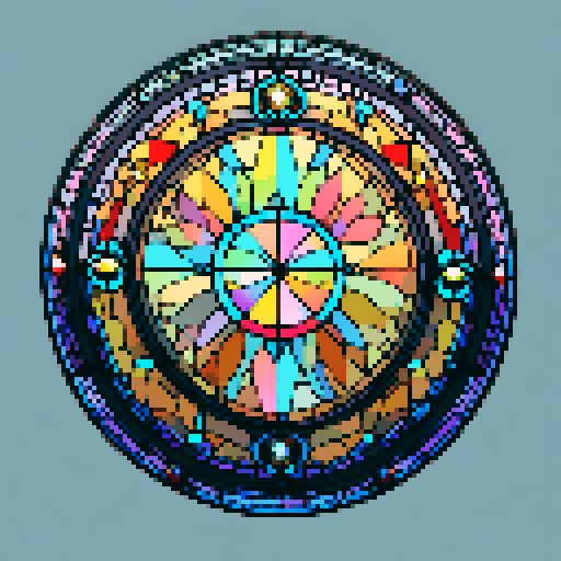 I want a beautiful circular stained glass window in all the colors of the rainbow. It should be simple, having no more than 10 glass segments total. I want this object usable an asset in a videogame, meaning only one object per image, outlined with a strong black stroke, on a solid-color background.