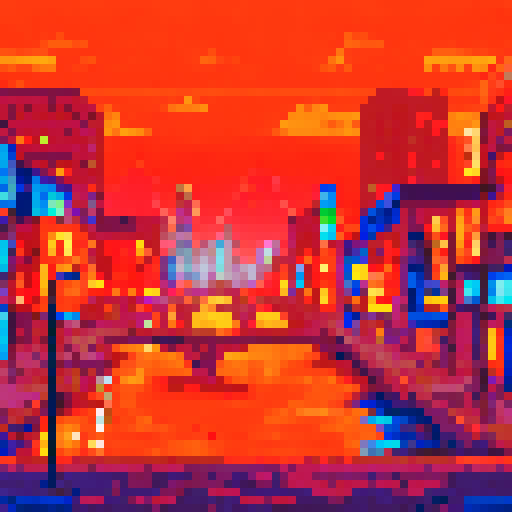 Kyoto at night, vibrant neon lights, glowing lanterns, traditional Japanese architecture, cherry blossom trees, softly lit streets, shimmering reflections on water, bustling cityscape, pixelated buildings, serene moonlit backdrop, sRGB color palette, detailed pixel art, immersive background, picturesque landscape