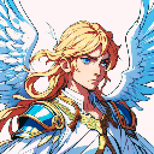 handsome angel with flowing golden hair, vibrant blue eyes, and feathery white wings, clad in intricately designed armor, 