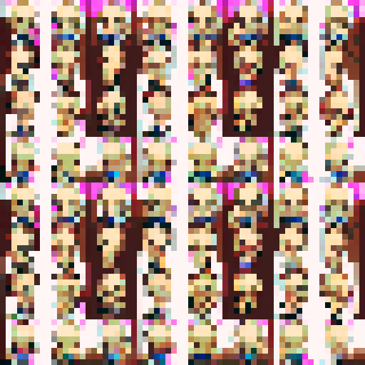 2D character, blond hair, vest, sword in hand, sprite sheet, walking, running, fighting animations, purple shirt, exposed chest, black hair, brown boots, muscle growth, pixel art style, sRGB colors