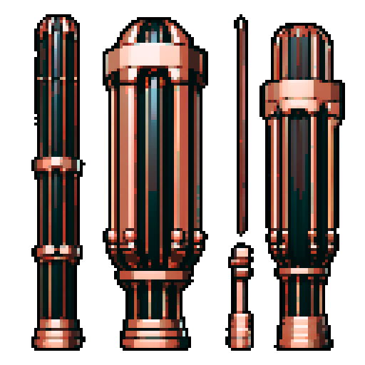 I want a tall vertical copper structure reminiscent of a organ pipe. It should have strange mechanical details that could interlock with each other. I also want this object usable an asset in a videogame, meaning only one object per image, outlined with a strong black stroke, on a solid-color background.