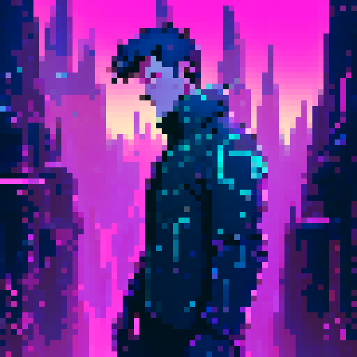 dystopian, cyberpunk, neon-lit, with a touch of retro-futurism, featuring Paul Atreides surrounded by towering holographic skyscrapers, cascading waterfalls of data, and glowing circuitry embedded in his cybernetic arm