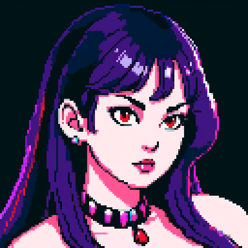 Thicc, busty goth girl, long purple hair, eyeliner, red lipstick, nude breast, studded collar, up close face portrait, vibrant sega genesis palette, nude pixel art portrait,