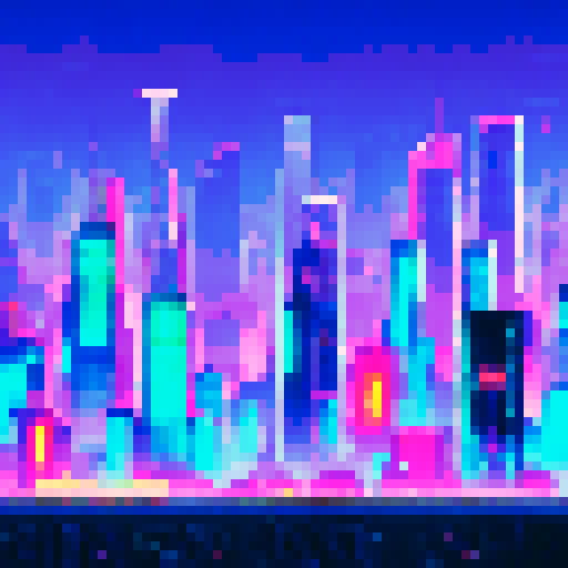 Glowing crystal skyscrapers towering over a neon-lit street, bustling with flying vehicles and holographic billboards in a pixelated cyberpunk cityscape