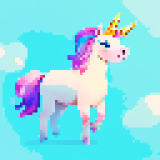 unicorn with rainbow hair in clouds, full body, vibrant colors, flowing mane and tail, soft pastel palette, fluffy white clouds
