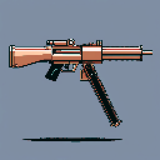 I want a copper rotary machine gun viewed from from the side. I want this object usable an asset in a videogame, meaning only one object per image, outlined with a strong black stroke, on a solid-color background.