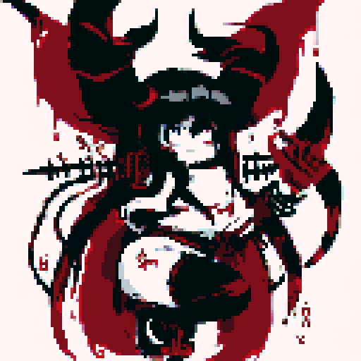 Half-demon warrior with long black hair cascading down their back, captivating fusion of contrasting elements, red eyes reflecting fierce determination and vulnerability, attire blending traditional and modern influences from human and demon cults, character portrait, close up, anime style, pixel art