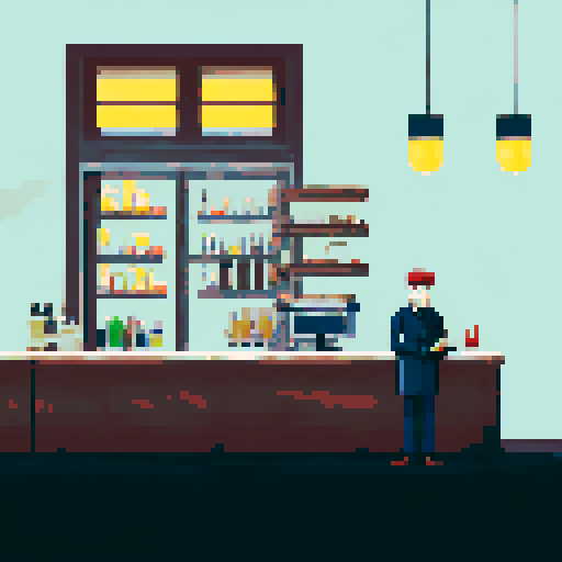 A male hitman dressed in unassuming fashionable clothing standing in a quiet coffee shop observing a day-dreaming female barista who is leaning over the counter and reading an erotic novel
