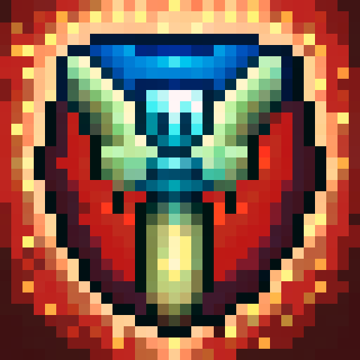 Cute robot with vibrant colors, pixelated details, and a skillful expression, portrayed as a close-up game icon in 32x32 pixel art style