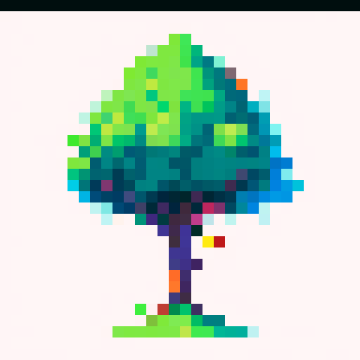 Tree, rendered in vibrant pixel art for a game asset in an earthbound style, png, white background, black outline