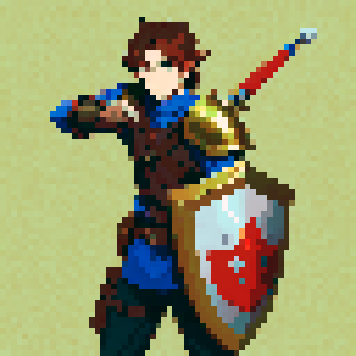 Fire Emblem mercenary, brown hair male with helmet, vibrant, colorful, pixel art, sRGB, medieval armor, sword, shield, battle-ready, heroic pose, detailed background, retro gaming vibes