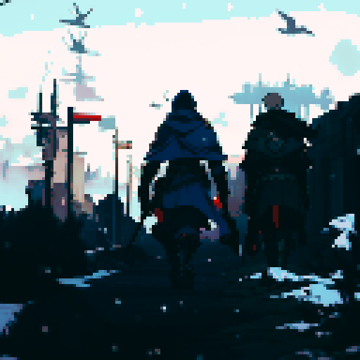 Final fantasy tactics detail soldier walking towards war torn city with a panzer faust on his back and a rifle in his hand. A Squad Mate of his is looking towards him in background, he has a cape on and a hood. City has snow on it. Colorful but not to bright of colors. 