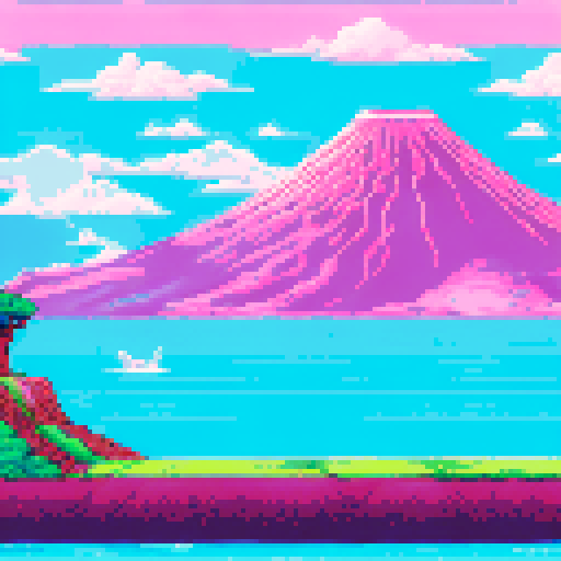 surfing pink colors, overlooking a volcano
