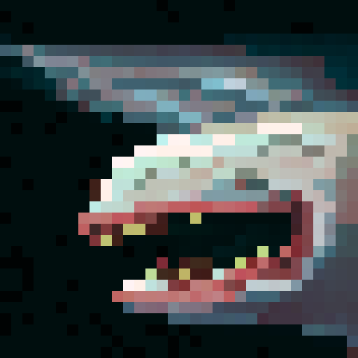 goblin shark, large bill, ominous, ugly, nasty teeth, game icon, 32x32 pixel art, sRGB, skill art