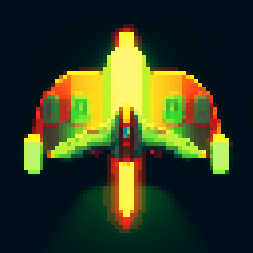 spaceship, red, overhead view, retro pixel art, vibrant colors, sleek design, glowing thrusters, transparent background, futuristic technology, metallic hull, intricate details, cockpit window