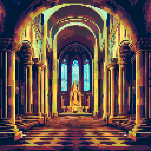 Stained glass windows, towering arches, flickering candlelight, serene statues, and vibrant frescoes in a landscape portrait of the interior of a holy church