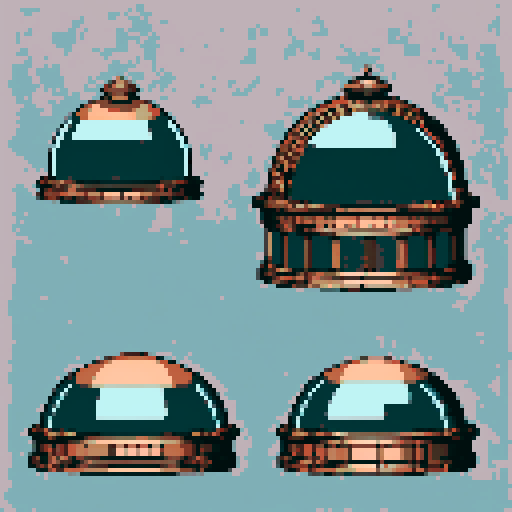 I want a rounded transparent glass half-dome with copper trim and copper rivets around the bottom edge. I want this object usable an asset in a videogame, meaning only one object per image, outlined with a strong black stroke.