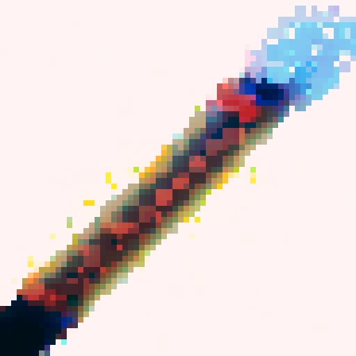 Magical wand, sparkling with vibrant colors, pixelated in mesmerizing pixel art