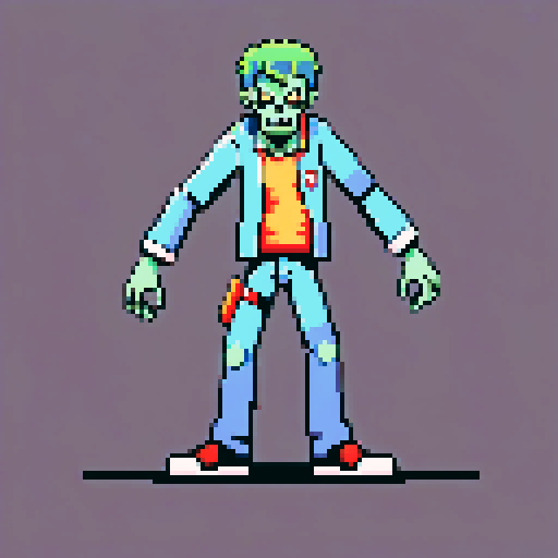Zombie with limbs spread out wide, laying down, looking at camera, pixel art, sRGB