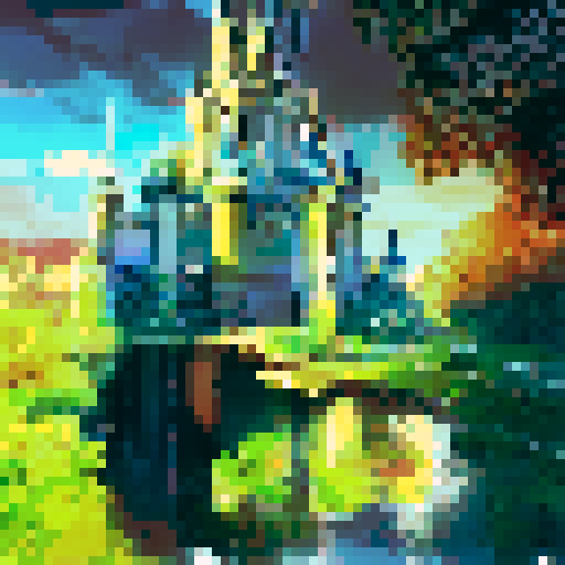 Majestic Disney castle nestled in lush greenery, framed by towering trees, with a shimmering moat and a bright blue sky in the background, rendered in a stunning landscape portrait style.