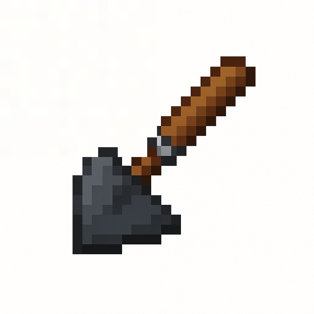 A sturdy farming hoe icon, tool head crafted from matte dark grey iron, sharp and defined blade edge, smooth polished wooden handle with a metal reinforcement ring, solid industrial look. pixel art style, 16x16 grid resolution, minecraft item icon style, flat 2D game asset, white background, no shadows, hard edges, diagonal tool view.